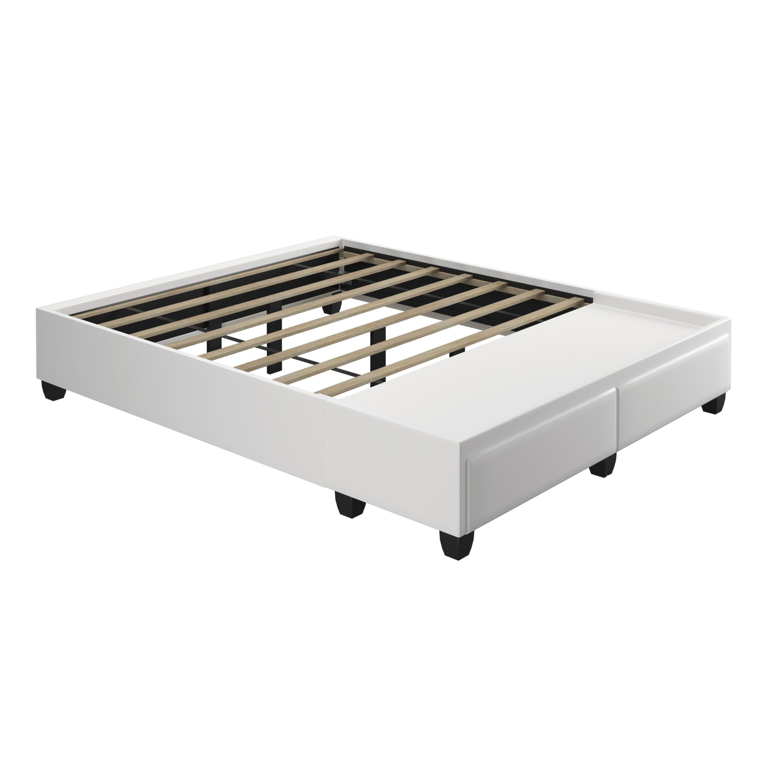 Boyd Sleep Parma Upholstered Platform Bed Frame Mattress Foundation With Dual Front Storage Drawers And Strong Wood Slat Supports: Button Tufted Faux Leather, White, Queen